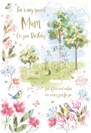 Birthday card for a special mum with garden scene, flowers, and birds.
