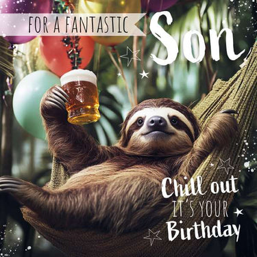 Sloth in a hammock with a beer, surrounded by balloons and birthday wishes text.