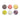 Six small round containers filled with different types of gummy candies on a white background