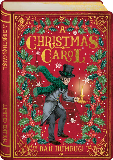 Book cover of 'A Christmas Carol' with decorative elements and a person holding a candle.