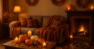 living rom with pumpkins, candles and warm blankets