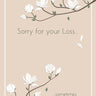 Sympathy card with white floral branches and text on a beige background