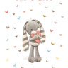 Card with a plush toy holding a heart and text 'For the One I Love very, very much!' on a white background with colorful hearts.