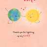 Card with cartoon sun and earth holding hands on a pink background, text 'For my lovely Wife, Thank you for lighting up my world'.