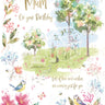 Birthday card for a special mum with garden scene, flowers, and birds.