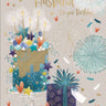 Birthday card for a husband with a cake, presents, and colorful decorations on a light background.