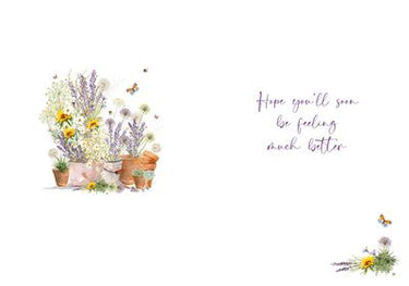 Greeting card with potted plants and flowers on a white background