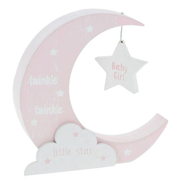 A blue and white decorative plaque shaped like a crescent moon with the words 'twinkle twinkle little star' and 'Baby Girl' written on it, along with cloud shapes and a hanging star ornament.