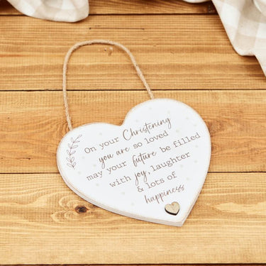 BABY CHRISTENING DAY HEART HANGER WHITE WOOD WITH WREATH