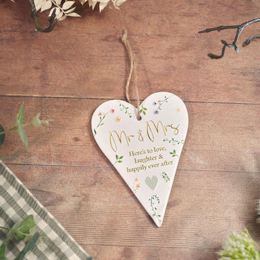 MR AND MRS CERAMIC HEART HANGER