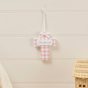 CHRISTENING HANGING WOOD CROSS ASSTD PINK AND BLUE GINGHAM