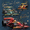 Three racing cars on a dark blue background with text 'For You Son-in-Law On Your Birthday'.
