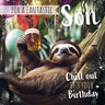 Sloth in a hammock with a beer, surrounded by balloons and birthday wishes text.