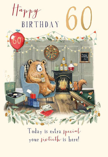60th Birthday Card - Drinks By The Fire