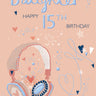 A birthday card for a daughter, featuring a graphic of headphones, hearts, and stars in pastel colors on a peach background, with the text 'For a Lovely Daughter, Happy 15th Birthday'.