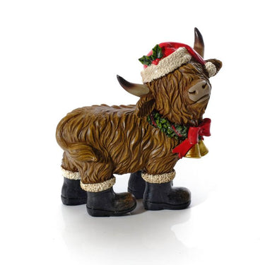 CHRISTMAS RESIN HIGHLAND COW WITH BOOTS HAT AND SCARF ORNAMENT 2 ASSTD