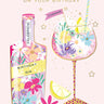 Birthday card with floral gin bottle and glass on a light pink background
