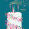 Birthday card with a floral cake and candles on a teal background, featuring text for a sister-in-law.