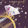 Engagement card with a large diamond ring and 'you're engaged!' text on a purple background with stars and dots.