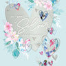 Greeting card with floral designs and 'On your Silver Anniversary' text on a light blue background