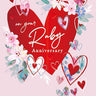 Card with red hearts and flowers on a pink background, celebrating a Ruby Anniversary.