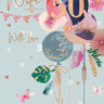 50th birthday card for a wife with balloons and floral decorations on a light blue background
