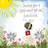 Illustration showing bee flying with a doctors bag. Sunshine and flowers surround. 'sending you a little ray of get well sunshine'