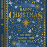 Decorative book cover with Christmas-themed design, stars, and snowflakes on a blue background.