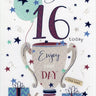 16th birthday card for a son with a trophy, balloons, and presents on a white background.