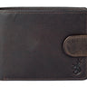 Brown leather wallet with a brand logo on a white background
