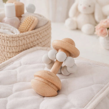 Neutral Baby Gift Set – Wooden Rattle, Elephant Teether & Milestone Cards Gift Box