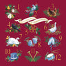 Illustrations of Christmas symbols on a red background with 'The Twelve Days of Christmas' text.