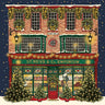 Decorative illustration of a festive store front with Christmas lights and decorations.