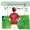 Figure wearing happy birthday football shirt. Standing in front of goal with writing across the top which reads 'you're in a league of your own'