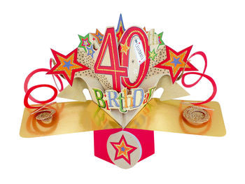 A 40th birthday pop-up card with multicolored stars and the number 40 prominently displayed.